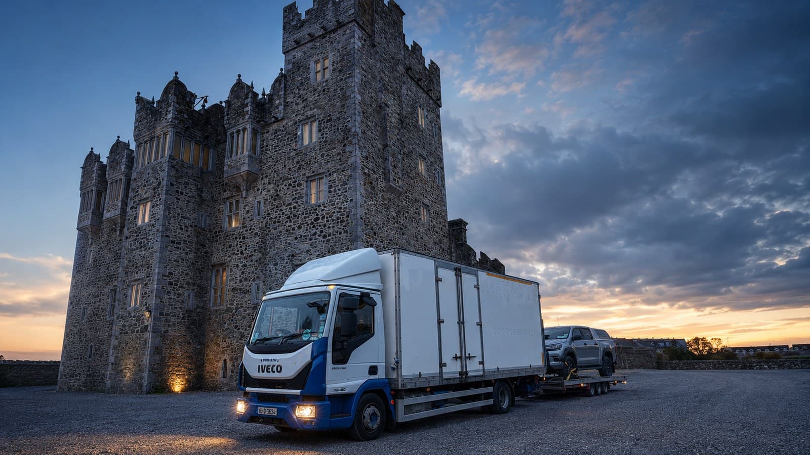An Esteeville truck and a 4x4 on the low loader at an Irish castle location at dusk